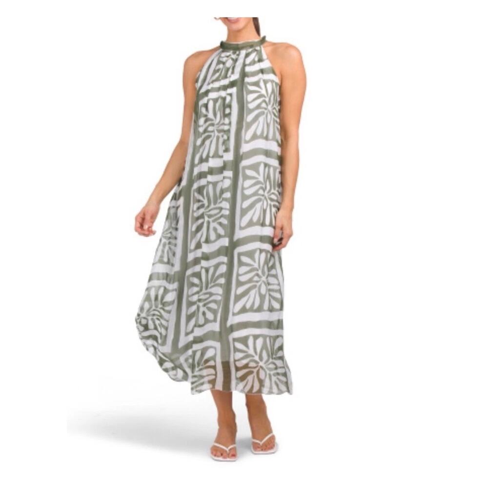 NWOT Bellambra Italian silk green print halter neck maxi dress sleeveless size L